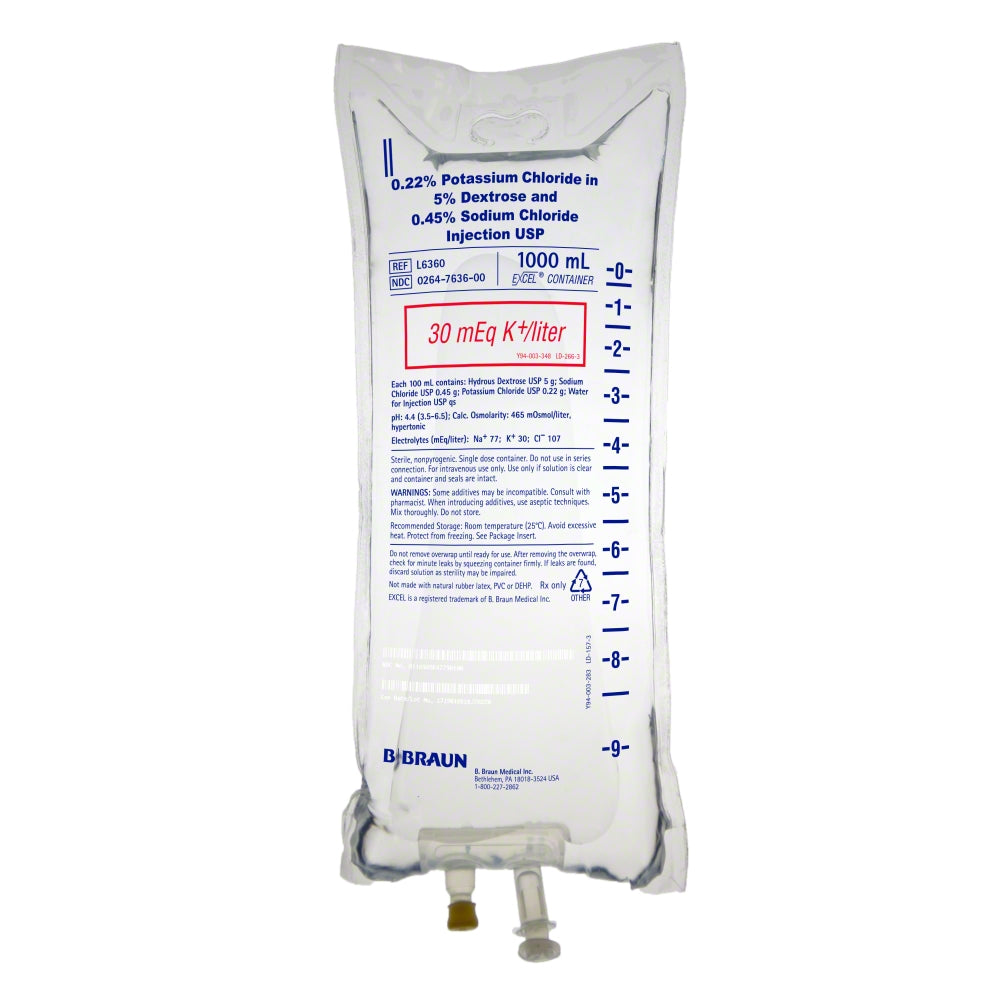 1000mL 0.22% Potassium Chloride in 5% Dextrose & 0.45% Sodium Chloride Injection (Rx) (Item is Non-Returnable), 12/cs (Continental US+HI Only, Excluding IN and ND) <Strong style="color:red">Max weekly quantity allowed: 10</Strong>