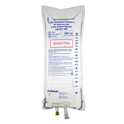 1000mL 0.3% Potassium Chloride in 5% Dextrose & 0.45% Sodium Chloride Injection (Rx) (Item is Non-Returnable), 12/cs (Continental US+HI Only, Excluding IN and ND) <Strong style="color:red">Max weekly quantity allowed: 10</Strong>