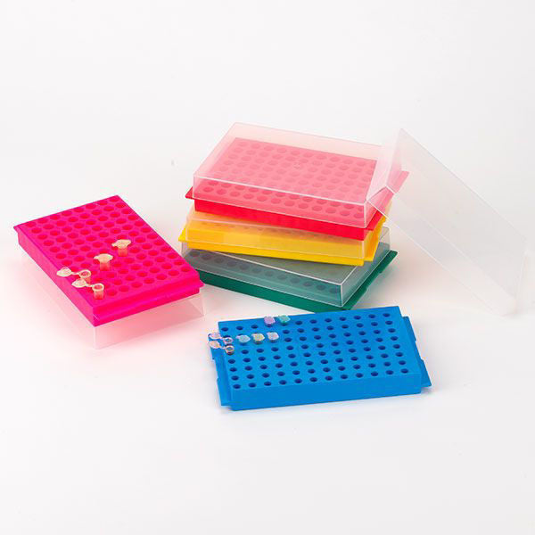 Reversible Tube Rack, 96 Places for 1.5mL/2mL Microtubes; 96 Places for 0.5mL/0.2mL Microtubes, with Translucent Cover, 9" x 2.6" x 1", Green, 5/pk