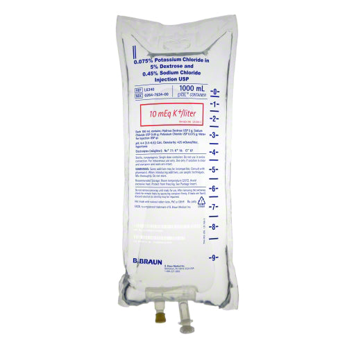 1000mL 0.075% Potassium Chloride in 5% Dextrose & 0.45% Sodium Chloride Injection (Rx) (Item is Non-Returnable), 12/cs (Continental US+HI Only, Excluding IN and ND) <Strong style="color:red">Max weekly quantity allowed: 10</Strong>
