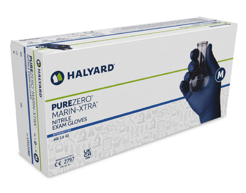 Halyard PUREZERO Marin-Extra Nitrile Glove, Standard, Blue, Medium, 50/bx, 10 bx/cs