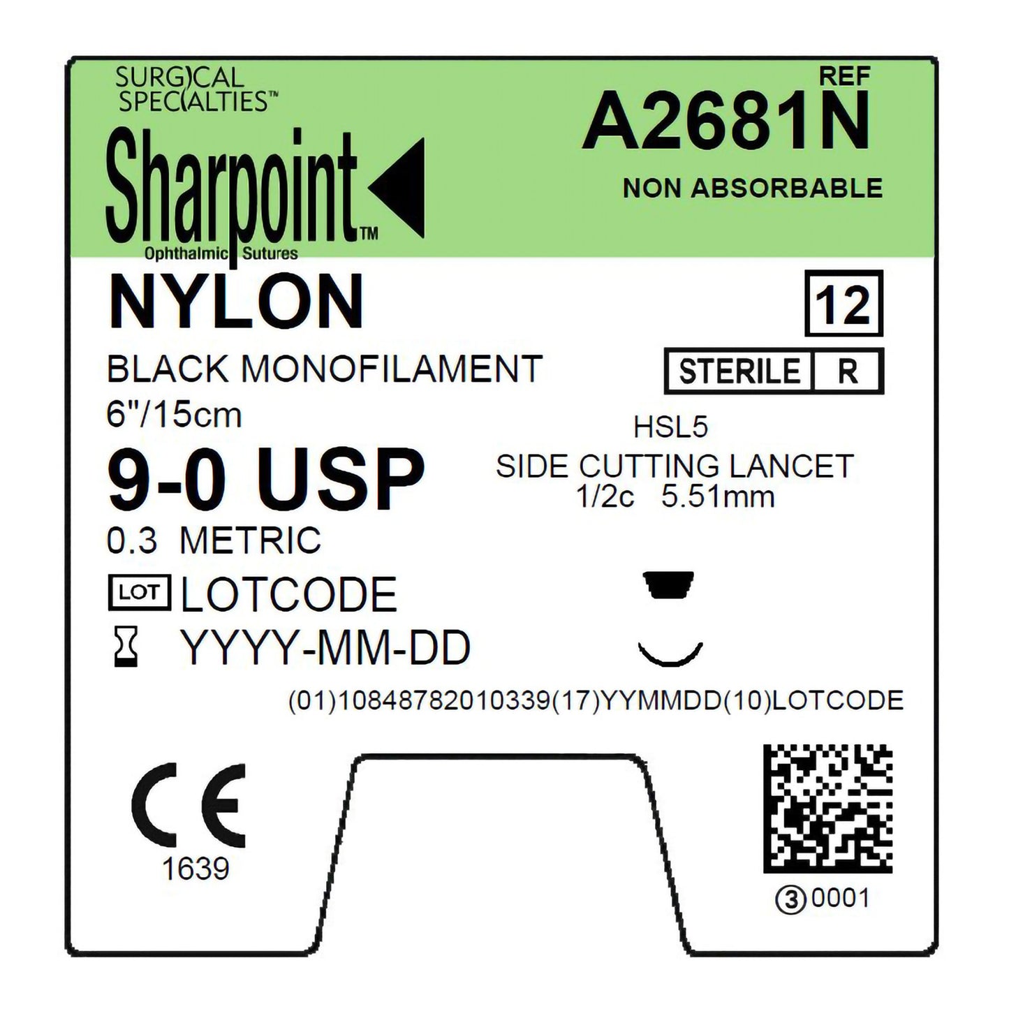 Nylon Suture, Monofilament, Lancet, Size 9-0, 6"/15cm, 5.51mm, 1/2 Circle, 12/bx (To Be DISCONTINUED)