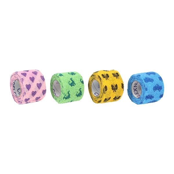 Self-Adherent Wrap, 2" x 5 yds, Kids Pack, includes Light Blue with Dark Blue Cars/Trucks, Neon Green with Dark Blue Dinosaurs, Neon Pink with Purple Hearts & Yellow with Black Bumblebees, Hand Tear, Latex Free (LF), 36 rl/cs
