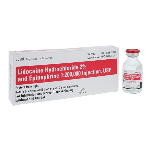 Lidocaine Hydrochloride and Epinephrine Injection, 2% USP, 1:200,000, 20 ml Vial, Single Dose, Glass Fliptop Vial, 5/bx (Rx) (Item is Non-Returnable) (We must have your Wholesale Drug License on File before shipping this product) (US Only, Excluding IN and ND)