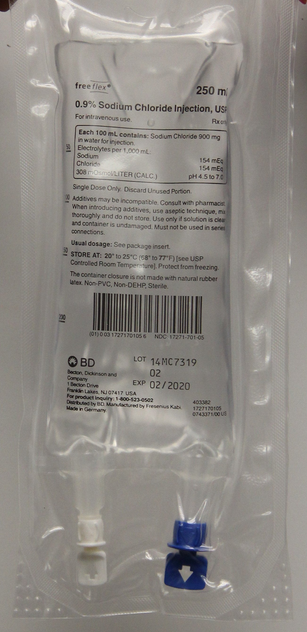 IV Fluid, 0.9% Sodium Chloride Injection, USP 250 ml, 30/cs (Rx) (Temp Sensitive; Non-Returnable) (Continental US Only, Excluding IN and ND) (Drop Ship Requires Pre-Approval)