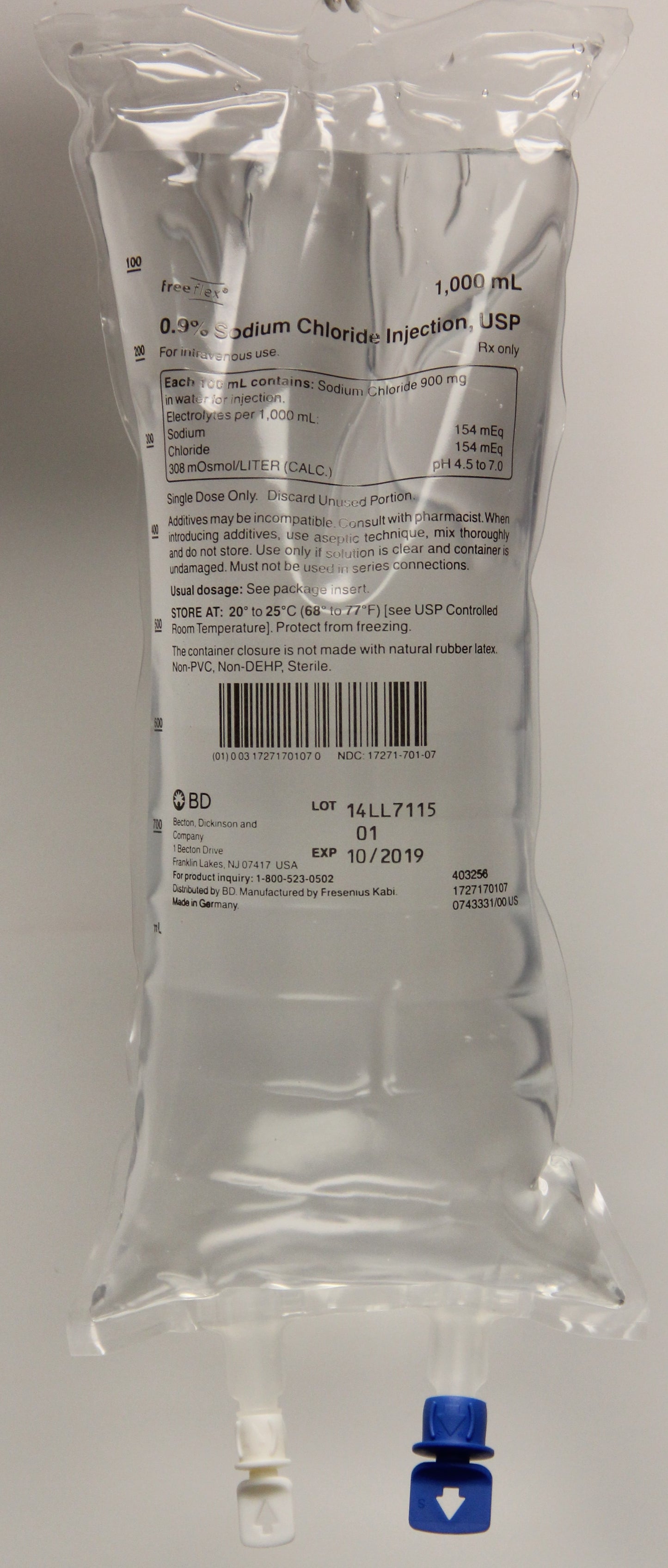 IV Fluid, 0.9% Sodium Chloride Injection, USP 1000 ml, 10/cs (Rx) (Temp Sensitive; Non-Returnable) (Continental US Only, Excluding IN and ND) (Drop Ship Requires Pre-Approval) <Strong style="color:red">Max weekly quantity allowed: 10</Strong>