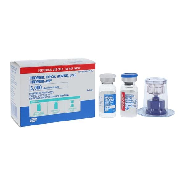 Thrombin-JMI (Thrombin, Topical, Bovine Origin, USP), Includes: 5000 IU Vial with 5 ml Diluent (Sodium Chloride 0.9% USP) (Rx) (Item is Non-Returnable) (We must have your Wholesale Drug License on File before shipping this product) (US Only, Excluding IN and ND)