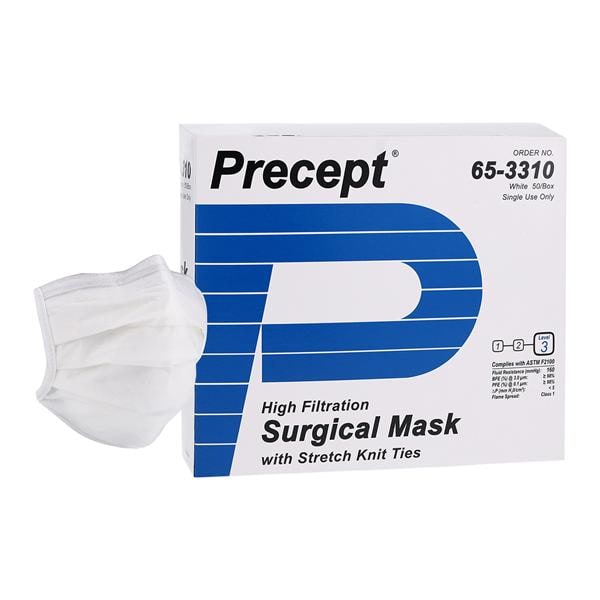 Mask, Laser, High Filtration, Stretch Knit Ties, White, ASTM Level 3, Non-Sterile, 50/bx, 5 bx/cs