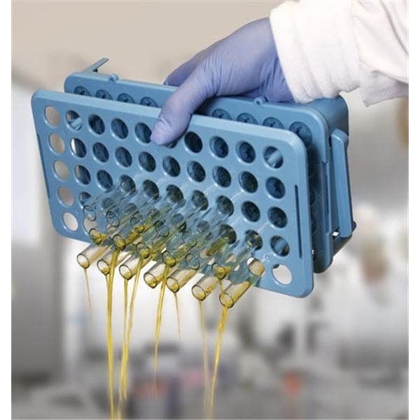 Grip Rack, Rack w/ Tube Grippers and Tube Eject for up to 15mm Tubes, 50-Place, Autoclave, Blue