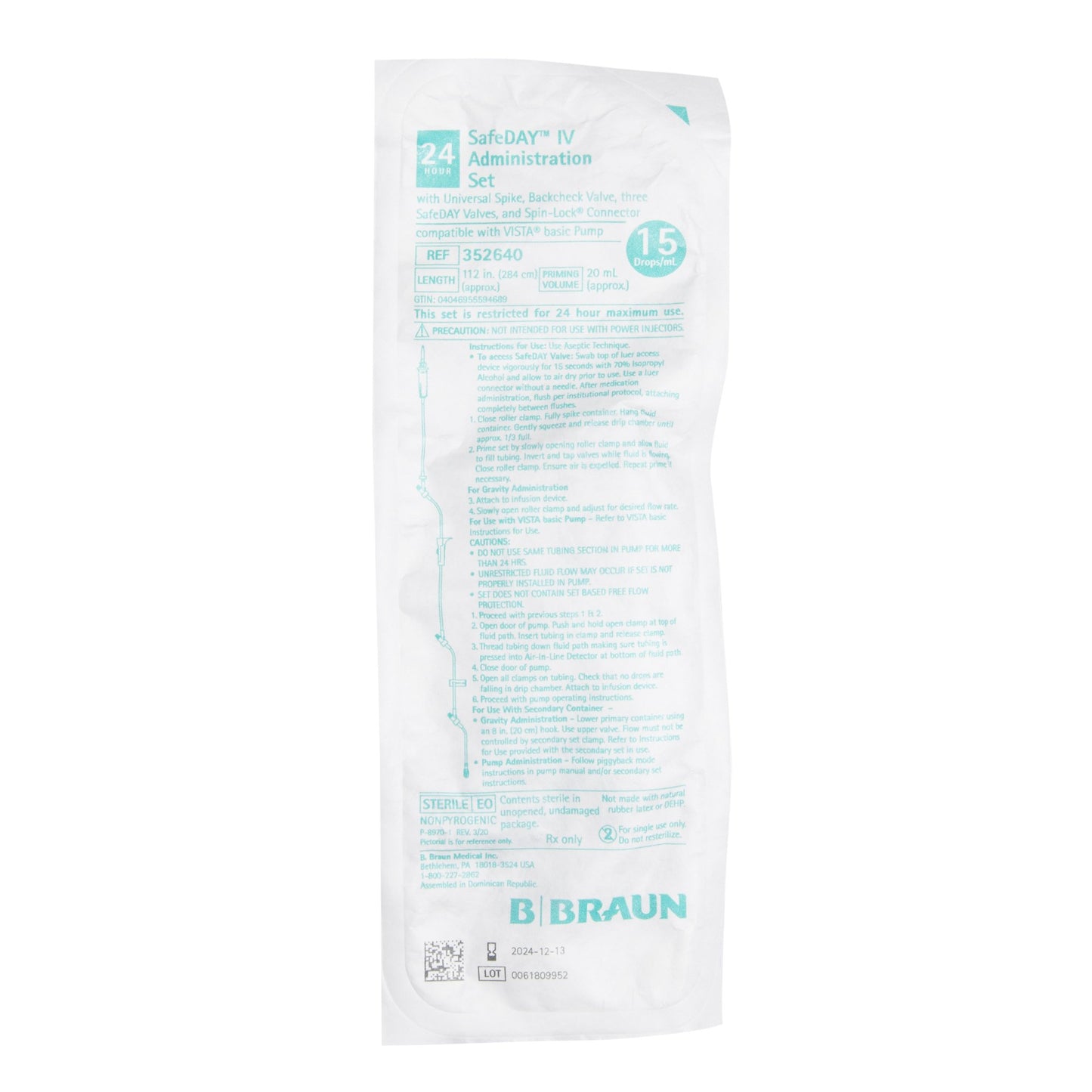 IV Admin Set, (15 drops/mL) Universal Spike, Roller & Slide Clamp, Backcheck Valve, Needle-Free Access Ports 85", 41" & 6 in. Above Distal End, SPIN-LOCK Connector, DEHP & Latex Free (LF), Priming Volume: 20mL, 112"L, (284.5 cm), 50/cs (Rx) (Item is Non-Returnable) (Continental US+HI Only, Excluding IN and ND)