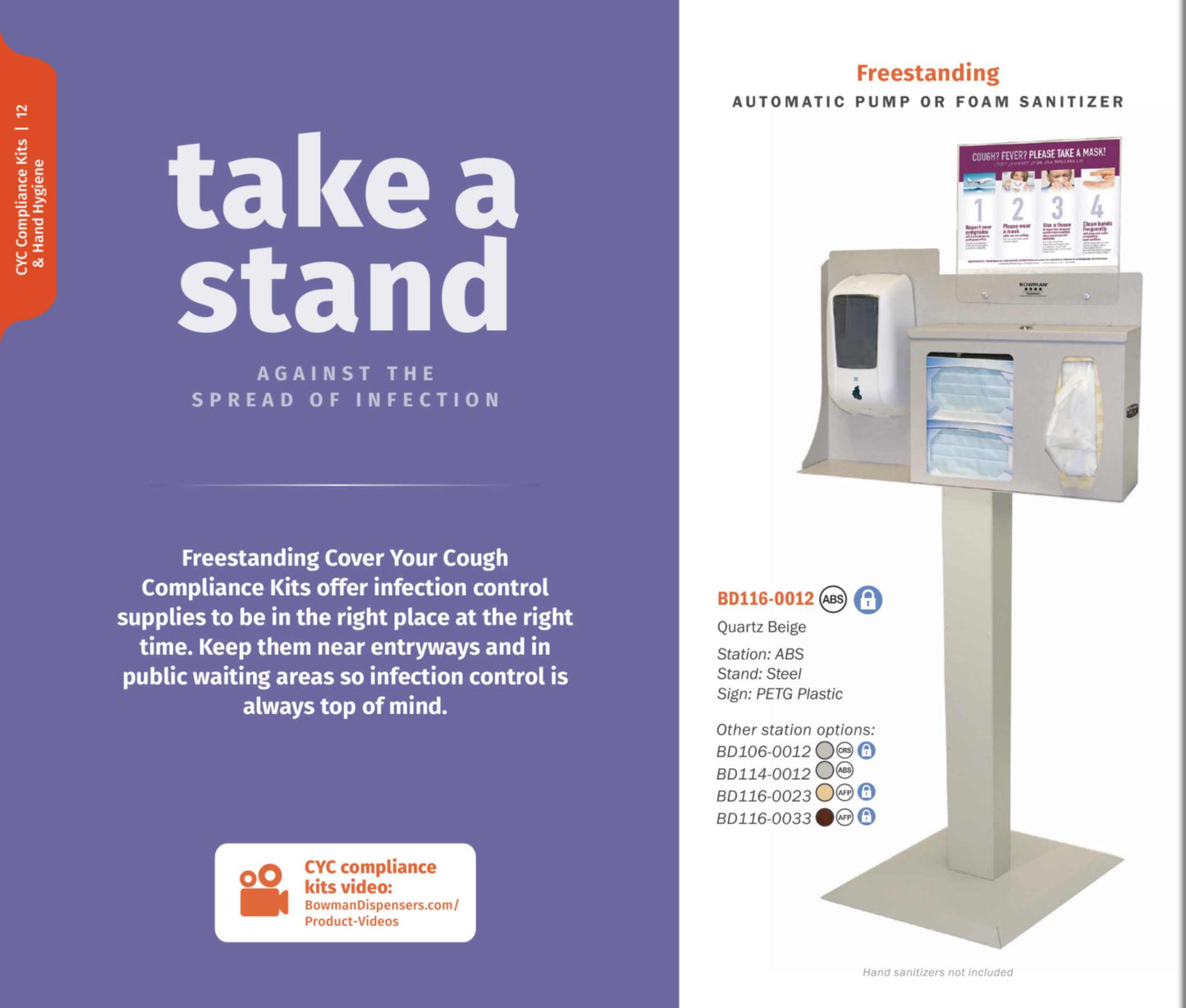 Cover Your Cough Compliance Kit, Includes: (1) BOWMAN Respiratory Hygiene Station (Can Hold Up to 2 Boxes of Face Masks or Tissues, a Box of Gloves and Hand Sanitizer), (1) BOWMAN Floor Stand, and (1) BOWMAN Sign Holder (Vertical, Clear Plastic, 8.5"x11") (Downloadable Designs Available) (Made in the USA)