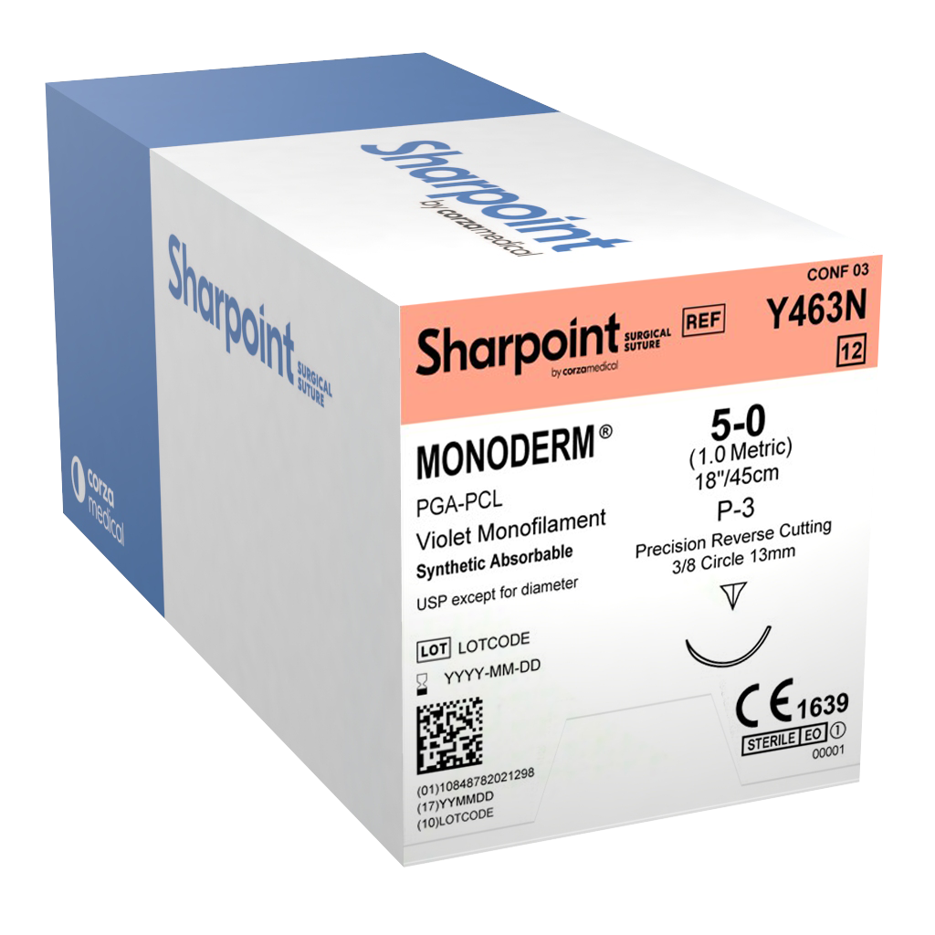 Monoderm Suture, Monofilament, Reverse Cutting, Size 5-0, 18"/45cm, 13mm, 3/8 Circle, 12/bx