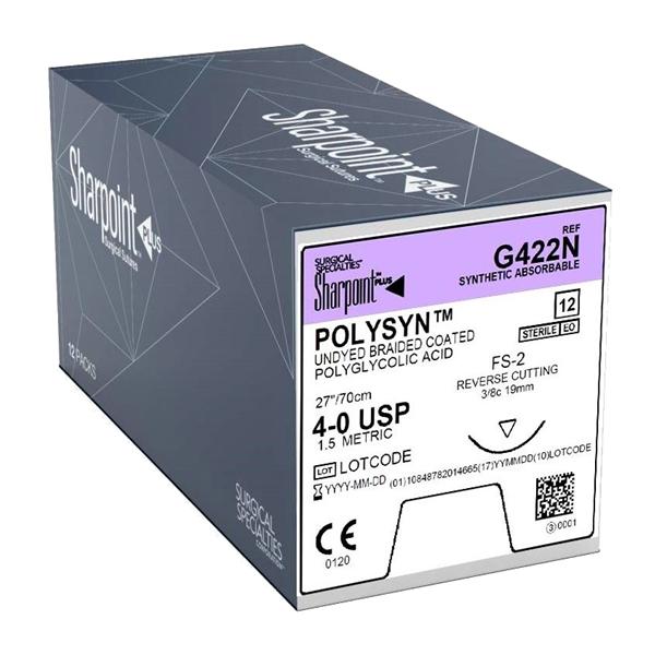 Polyglycolic Acid Suture, Braided, Reverse Cutting, Size 4-0, 27"/70cm, 19mm, 3/8 Circle, 12/bx