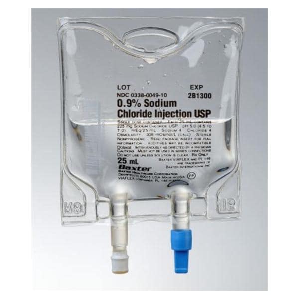 Sodium Chloride Injection, 0.9%, USP, 25 ml, Viaflex Plastic Container, Quad Pack, 48/cs (Rx) (Continental US Only) (Product Access Restricted. Check with your sales rep to verify eligibility) <Strong style="color:red">Max weekly quantity allowed: 10</Strong>