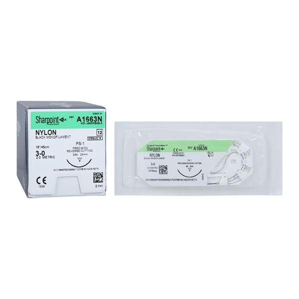 Nylon Suture, Monofilament, Reverse Cutting, Size 3-0, 18"/45cm, 24mm, 3/8 Circle, 12/bx