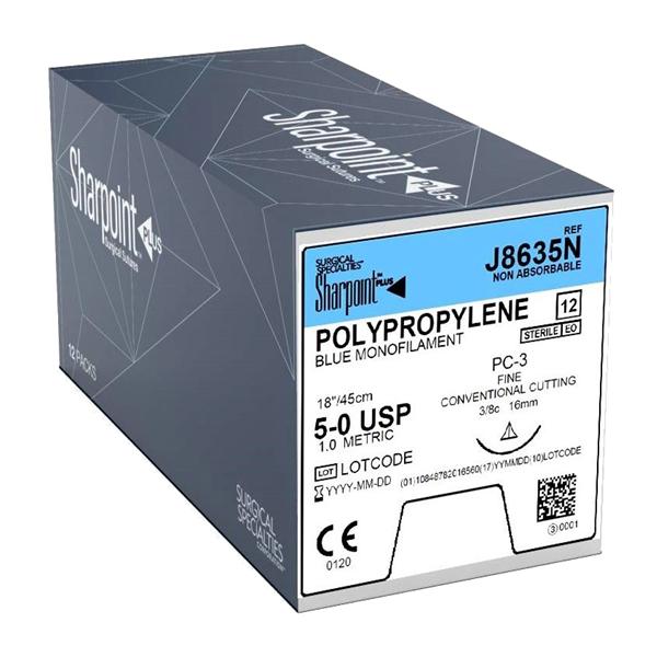 Polypropylene Suture, Monofilament, Conventional, Size 5-0, 18"/45cm, 16mm, 3/8 Circle, 12/bx