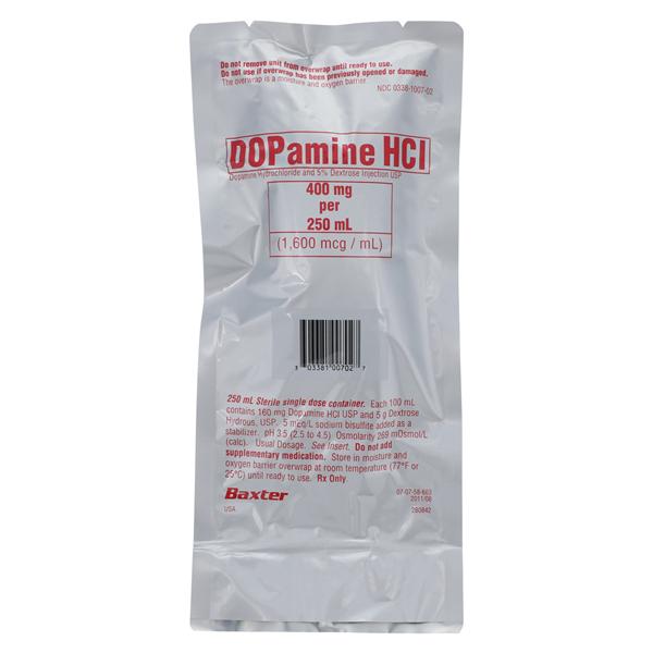 Dopamine Hydrochloride, 5% Dextrose Injection, USP, 1600 mcg/ ml, 250 ml, Viaflex Plastic Container, Liquid Premix, 18/cs (Rx) (Item is Non-Returnable) (Continental US Only, Excluding IN and ND) (Product Access Restricted. Check with your sales rep to verify eligibility)