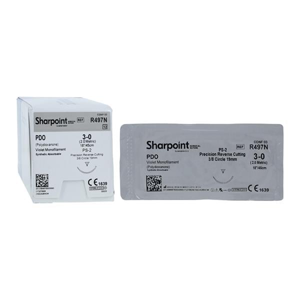 PDO Suture, Violet Monofilament, Reverse Cutting, Size 3-0, 18", 19mm, PS-2, 3/8 Circle, 12/bx