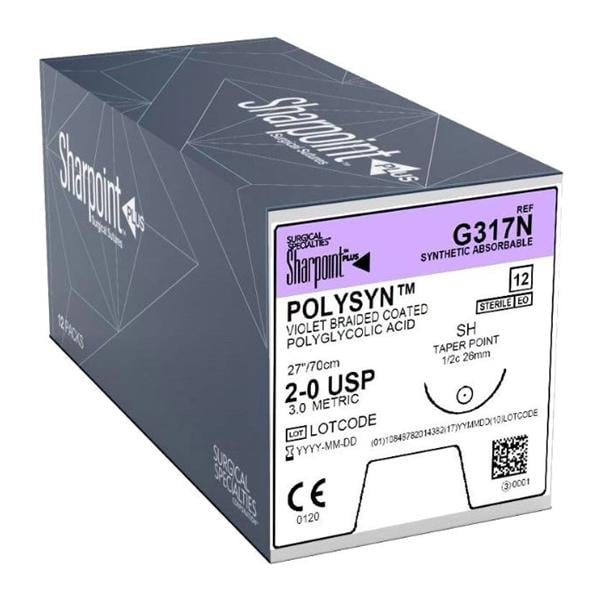 Polyglycolic Acid Suture, Violet Braided, Taper Point, Size 2-0, 27"/70cm, 26mm, 1/2 Circle, 12/bx