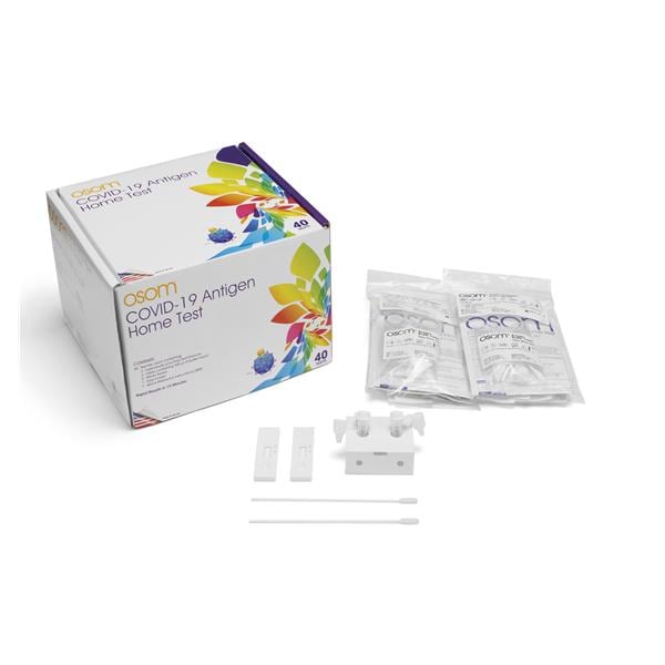 Osom At-Home Test Kit Includes: Two (2) Osom Covid-19 Test Devices (Indivually Pouched Test Device), Two (2) Osom Antigen Buffer Tubes (Tube Containing Buffer Liquid), Two (2) Sterile Nasal Swabs, One (1) Antigen Buffer Instert/Stand/Tube Holder, One (1) User Instructions (Quick Reference Instructions) (Item is Non-Returnable & Non-Refundable) (Continental US Only) (DROP SHIP ONLY)