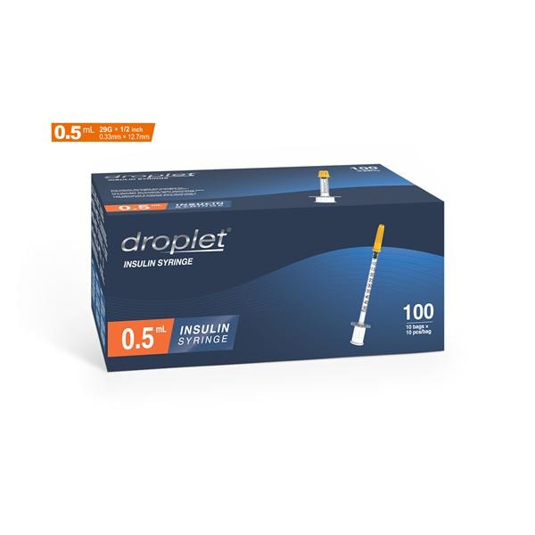 Droplet Insulin Syringe, with Fixed Needle, 0.5ml, 31Gx6mm, 100/bx