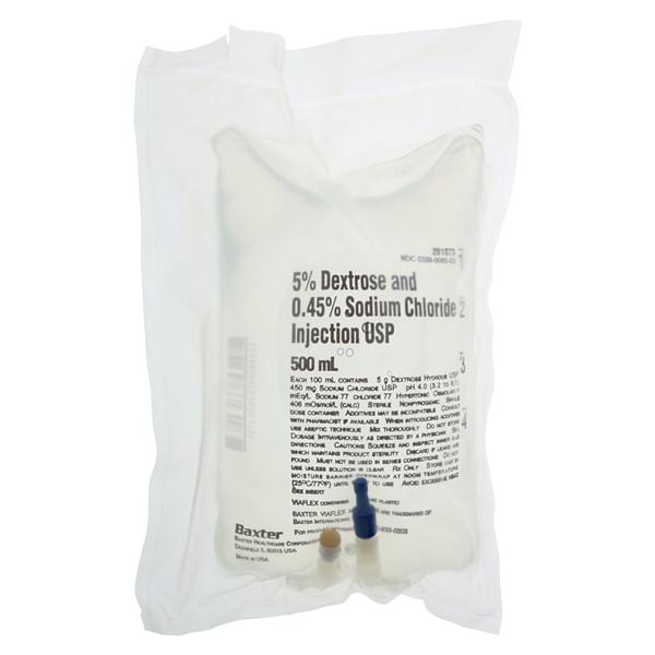 5% Dextrose and 0.45% Sodium Chloride Injection, USP, 500 ml, VIAFLEX Plastic Container, 24/cs (Rx) (Continental US Only) (Product Access Restricted. Check with your sales rep to verify eligibility) (Item is on Manufacturer Allocation - Quantities may Limited)