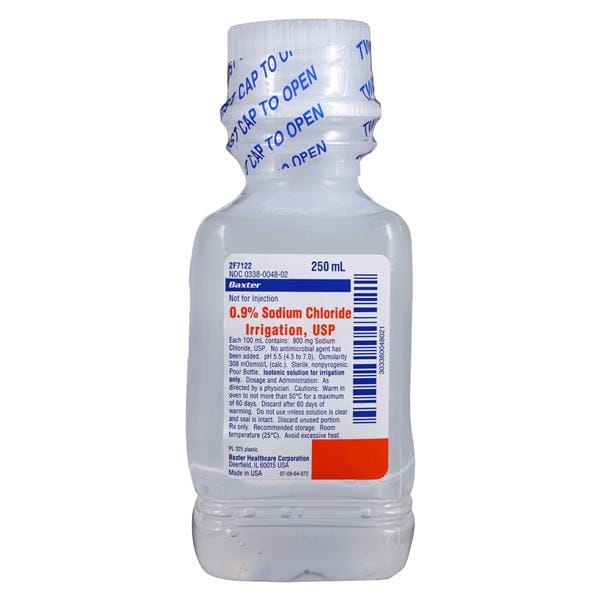 Sodium Chloride Irrigation, 0.9%, USP, 250 ml, Plastic Pour Bottle, Non-Pyrogenic, Sterile, 24/cs (70 cs/plt) (Rx) (Continental US Only) (Product Access Restricted. Check with your sales rep to verify eligibility)