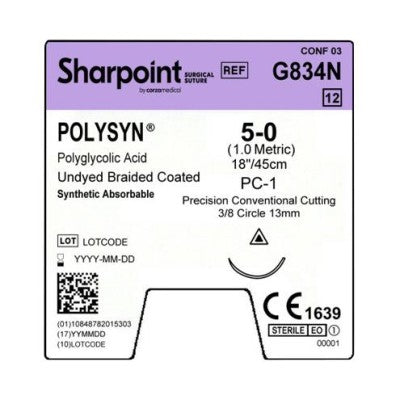 Polyglycolic Acid Suture, Braided, Conventional, Size 5-0, 18"/45cm, 13mm, 3/8 Circle, 12/bx