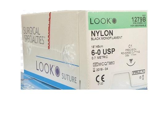 Nylon Suture, Black Monofilament, Size 10-0, 6"/15cm, Side Cutting Lancet, 4.88mm, Bicurve, 12/bx
