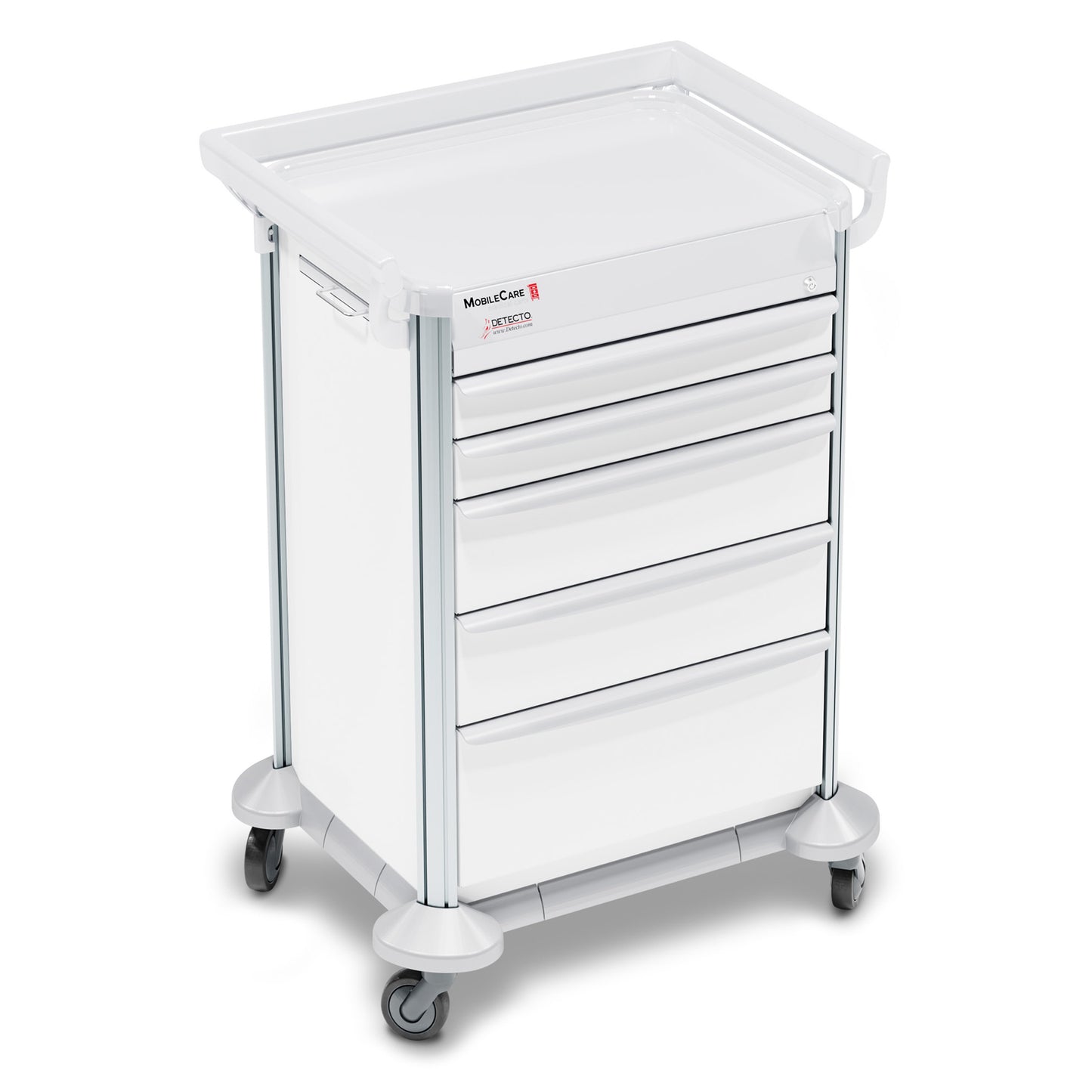 Mobile Car Medical Cart, White, Keyed Lock, (5) Drawer (33669), (3) Sided Hand Rail, 23in Wide Drawers (DROP SHIP ONLY)