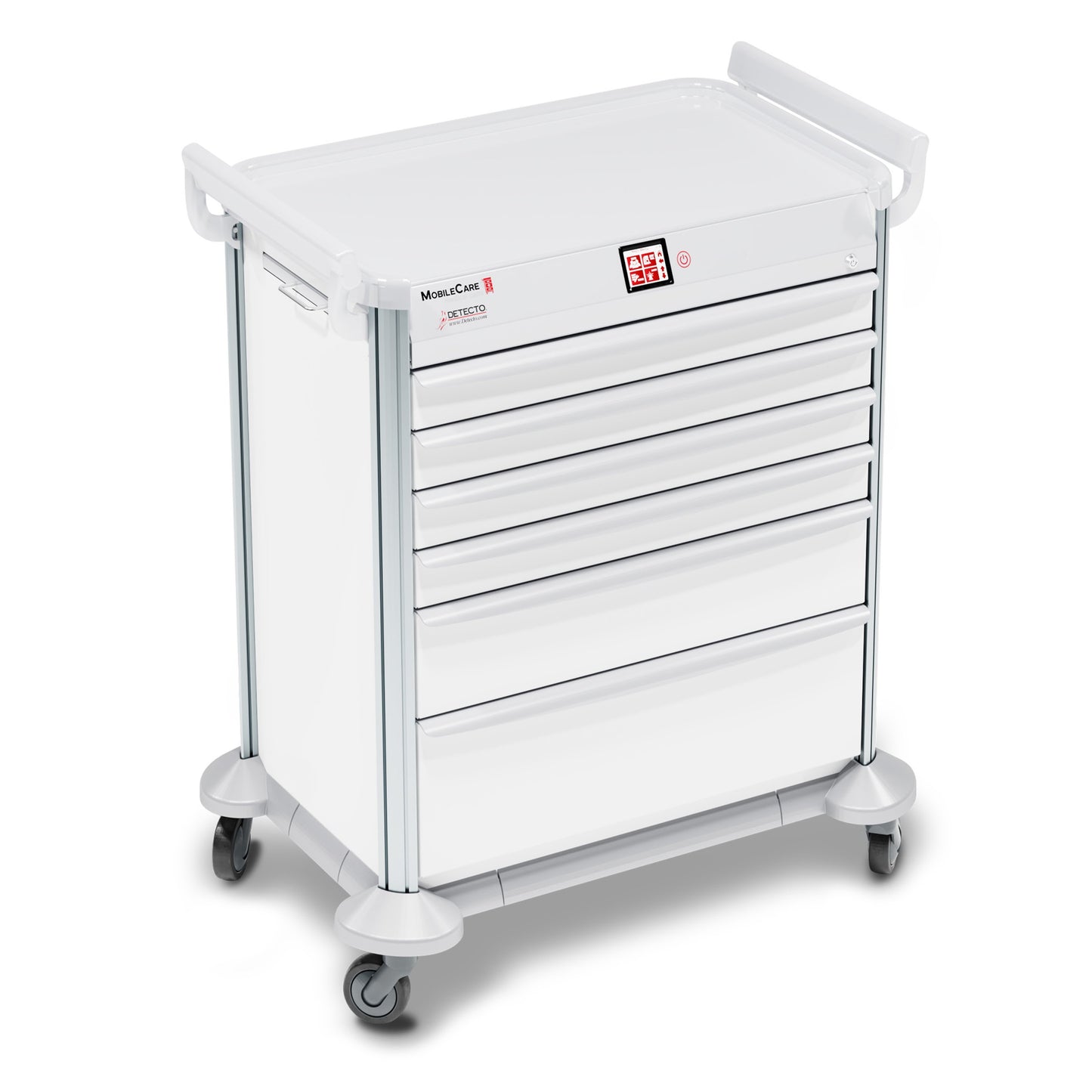 Cart, Medical, DETECTO, MobileCare Series, Electronic - Individual Drawer Lock/Drawer Sensor, White Frame, 29in W Drawer, 6 Drawer w/Soft Closure Slides, 3/3/3/3/6/9 Drawer Configuration, Utility Shelf, Full Assemble, 360 Degree Rotation, Handrails, Solid Aluminum Extrusion, Battery Powered (DROP SHIP ONLY)
