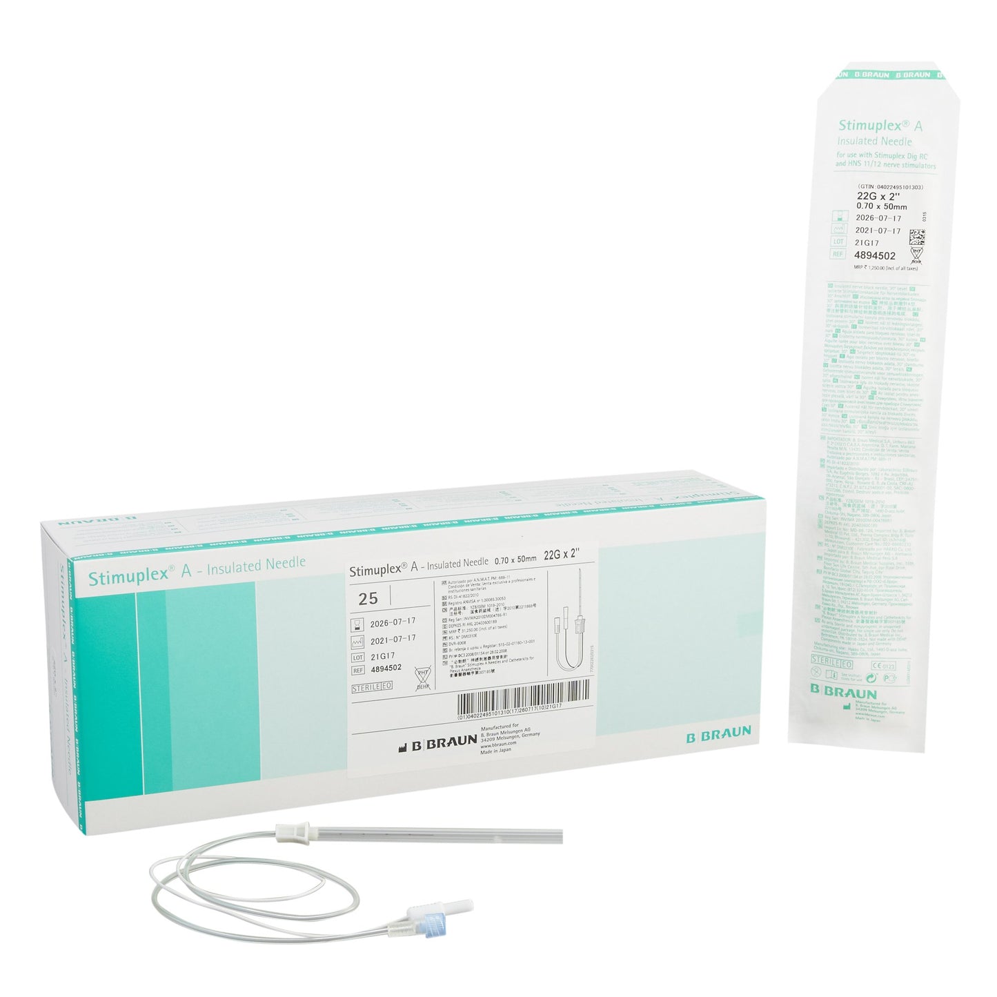 Insulated Needle, 22G x 2", Extension Set, For STIMUPLEX Nerve Stimulator, 25/cs (Rx) (Item is Non-Returnable) (Continental US+HI Only, Excluding IN and ND)