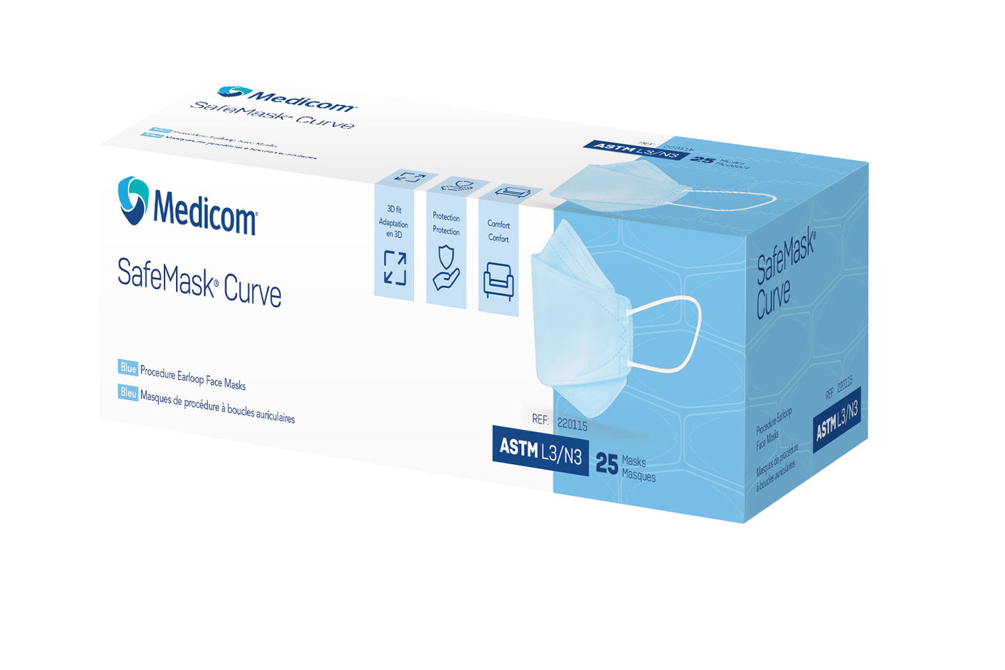 SafeMask Curve Face Mask, ASTM Level 3, Blue, 25/bx, 8 bx/cs (Not Available for sale into Canada)