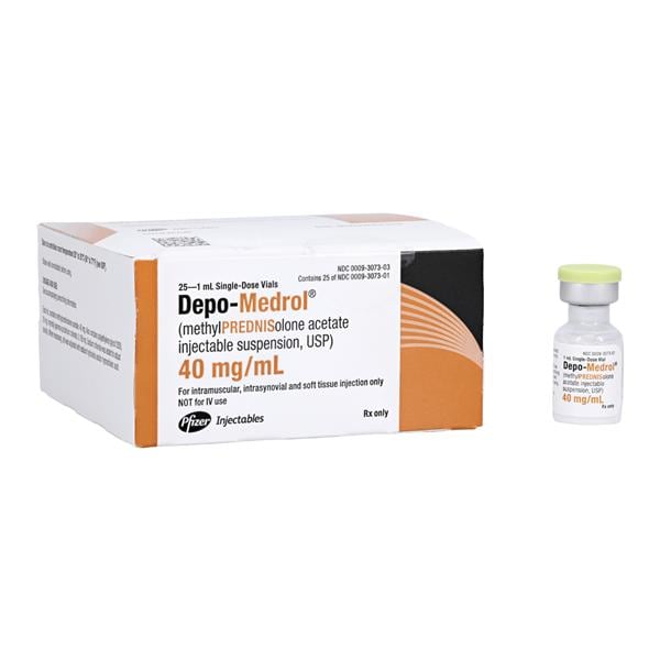 Depo-Medrol Methylprednisolone Acetate, 40 mg/ ml Injection, Single Dose, 1 ml Vial, 25/pk (Rx) (Item is Non-Returnable) (We must have your Wholesale Drug License on File before shipping this product) (US Only, Excluding IN and ND)