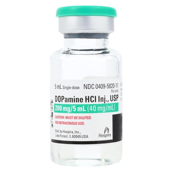 Dopamine Hydrochloride Injection, USP, 40 mg/ml, 5 ml Vial, Single Dose, Glass Fliptop Vial, 25/bx (Rx) (Item is Non-Returnable) (We must have your Wholesale Drug License on File before shipping this product) (US Only, Excluding IN and ND)