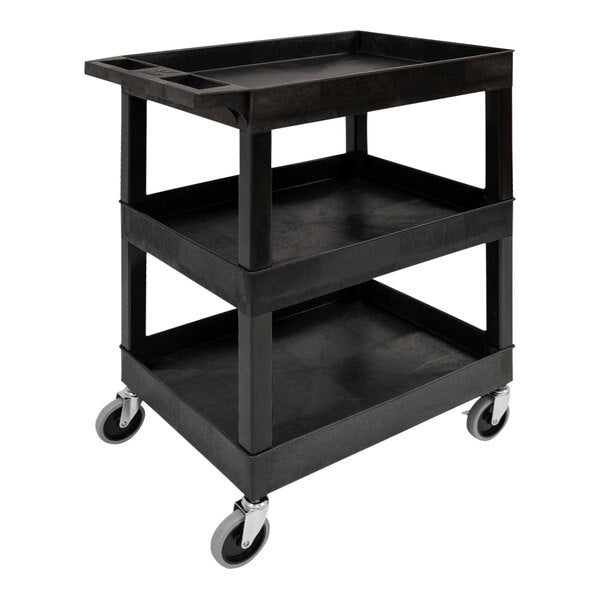 Tub Cart, Three Shelves (2.5" Deep each), Black, 24"W x 18"D x 36.25"H, with (4) 5" Heavy Duty Casters (with 2 Locking Brakes), Maximum Weight Capacity 400lbs (DROP SHIP ONLY)