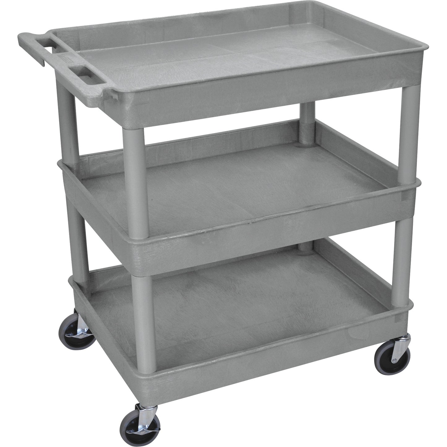 Tub Cart, Three Shelves (2.75" Deep each), Gray, 32"W x 24"D x 37.25"H, with (4) 4" Heavy Duty Casters (2 with Locking Brakes), Maximum Weight Capacity 400lbs, Assembly Required (DROP SHIP ONLY)
