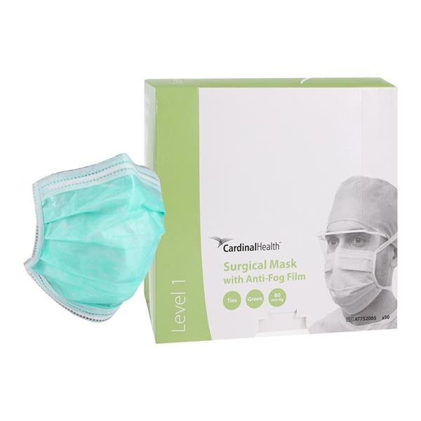 Surgical Mask, 3-Layer Spunbond Polypropolene/Filtered Media/Cellulose, Pleated, Film Anti-Fog, Tie-On, Green, 50/bx, 6 bx/cs (Continental US Only) (On Vendor Allocation - Availibility May Be Limited)