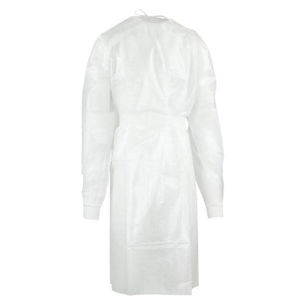 Isolation Gown, Poly-Coated, Full-Back, Neck/Waist Ties, Knit Cuffs, White, Universal, Flat Pack, 10/pk, 10 pk/cs (15 cs/plt) (Continental US Only) (On Vendor Allocation - Availibility May Be Limited)