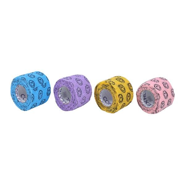 Self-Adherent Wrap, 2" x 5 yds, Smiley Pack, includes Lavender, Neon Pink, Light Blue & Yellow, with Black Smile Prints, Hand Tear, Latex Free (LF), 36 rl/cs