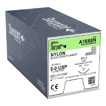 Nylon Suture, Monofilament, Reverse Cutting, Size 5-0, 18"/45cm, 16m, 3/8 Circle, 12/bx
