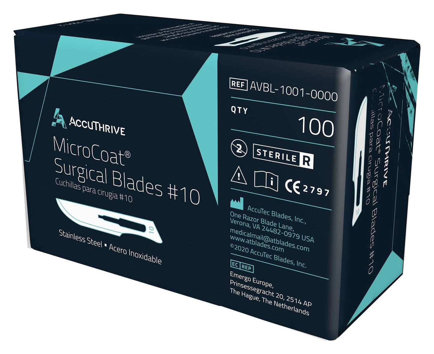 AccuThrive #10 Surgical Blade, Stainless Steel, MicroCoat, Sterile, 100bl/ct, 5ct/cs