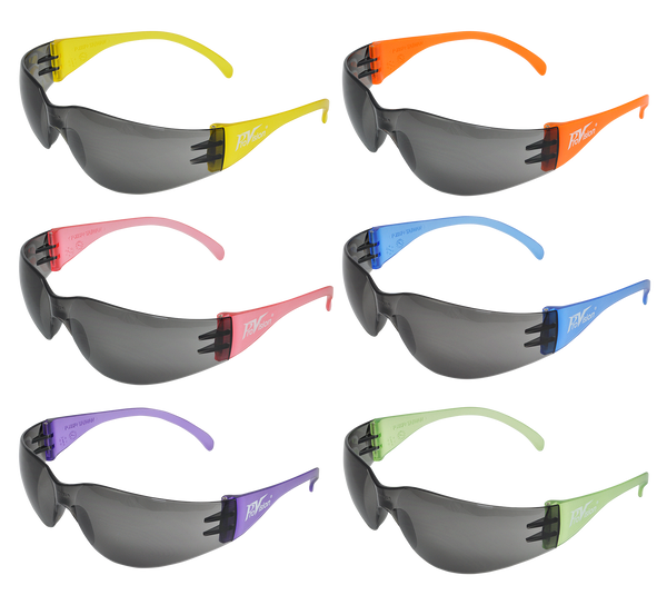 Pedo Wraparound Safety Glasses, 6 Temple Colors with Grey Lenses. 12-pack.