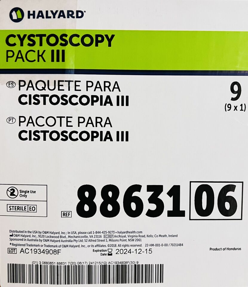 Cystoscopy Pack III, Includes: Back Table Cover, Zone-Reinforced, 44" x 78", Ultra Specialty Surgical Gown with Towel, Large, Absorbent Towel, 15" x 22", Leggings with 6" Cuff, 31" x 48", Cystoscopy "T" Drape, 60" x 30" x 84", Sterile, 9/cs