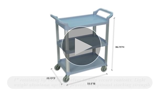 Serving Cart, Three Shelves, Gray, Polypropylene Shelves, Aluminum Uprights, 1" Lip, 33.5"W x 16.75"D x 36.75"H, 200 lb. Weight Capacity (DROP SHIP ONLY)
