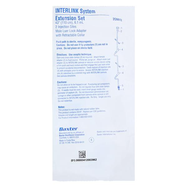 Extension Set, (2) Interlink Injection Sites, Male Luer Lock Adapter with Retractable Collar, 6.1 ml, 43" Length, Non-Pyrogenic, Contains DEHP, Sterile Fluid Path, 48/cs (Rx) (Continental US Only) (Product Access Restricted. Check with your sales rep to verify eligibility)