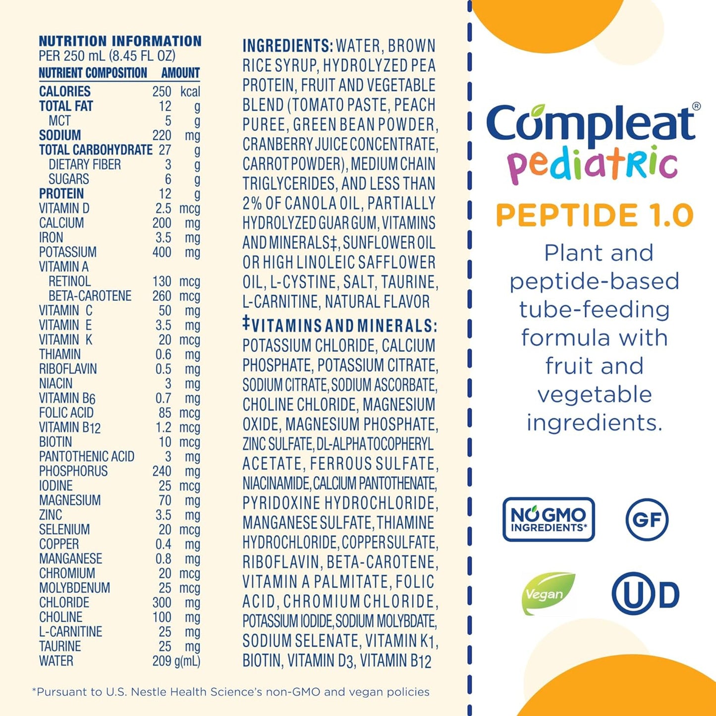 COMPLEAT Pediatric Peptide 1.0 Cal, Vegetable & Fruit Medley, 250 ml Carton, 24/cs (Minimum Expiry Lead is 90 days; Non-Returnable) (Continental US Only) (Nestle products cannot be sold online without Nestle's prior written permission) (Products cannot be sold on Amazon.com or any other 3rd party site)