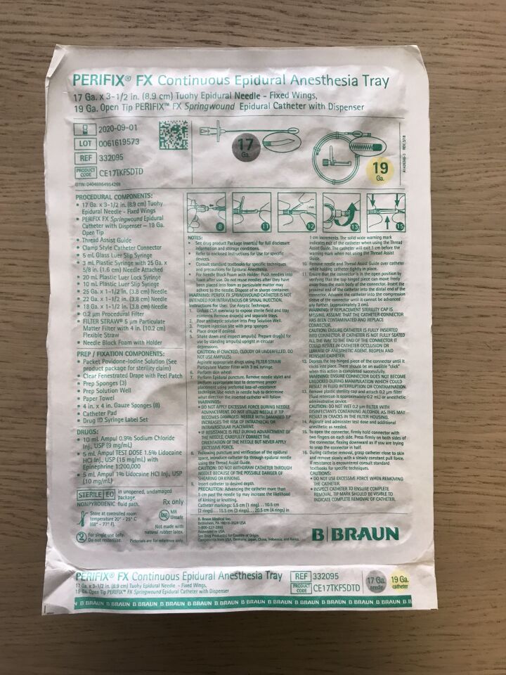 Continuous Epidural Tray, Perifix 17G x 3_" (90 mm) Tuohy, Perifix 20G Open Tip Catheter, 5 mL Glass Luer Lock LOR, 10/cs (Rx) (Continental US+HI Only)