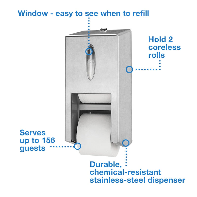 TORK Twin Coreless Toilet Paper Dispenser, High Capacity, Stainless Steel, T7, 12.8" x 5.87" x 5.63", 1/cs