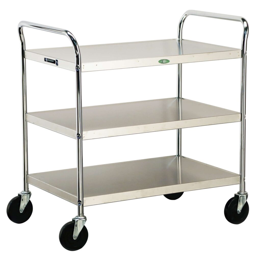 Medium Duty Cart, 3 Shelves, 20"W x 27"L x 35"H, 500 lb Capacity, 4" Swivel Casters, Chrome Plated Legs/ Frame, 18" x 27" Shelf, 9 7/8" Clearance